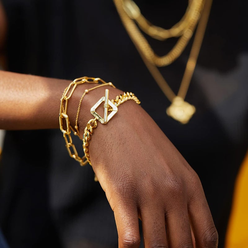 FRUMOS Dainty Layering Bracelets for Women 18 k Gold Plated Fashion Adjustable Chunky Cuban Paperclip Link Chain Bracelets Jewelry for Women Gift - Image 5